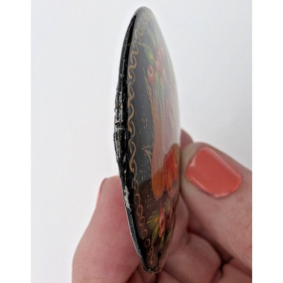 Russian Hand Painted Signed Black Lacquer Floral & Fire Bird Round Brooch Pin 2" - Picture 9 of 11